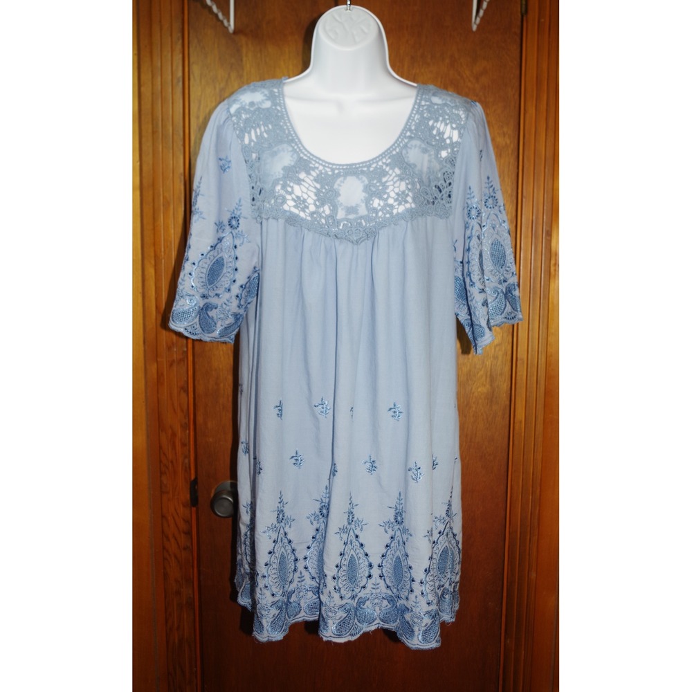 Pretty Angel Womens Large Blue Linen Blend Embroidered Crochet Lace Tunic Dress